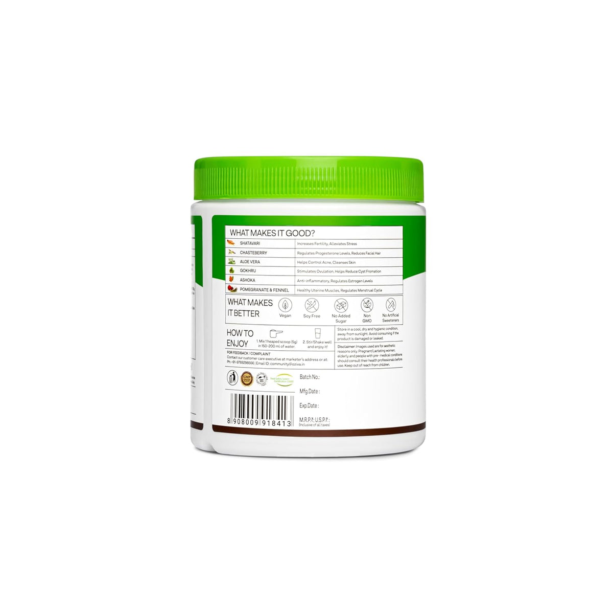 OZiva Plant Based HerBalance for PCOS Supplements for Women 200g, with Myo-Inositol, ChasteBerry, Shatavari, PCOS Supplements for Women Promoting Better Cycle & Hormonal Balance