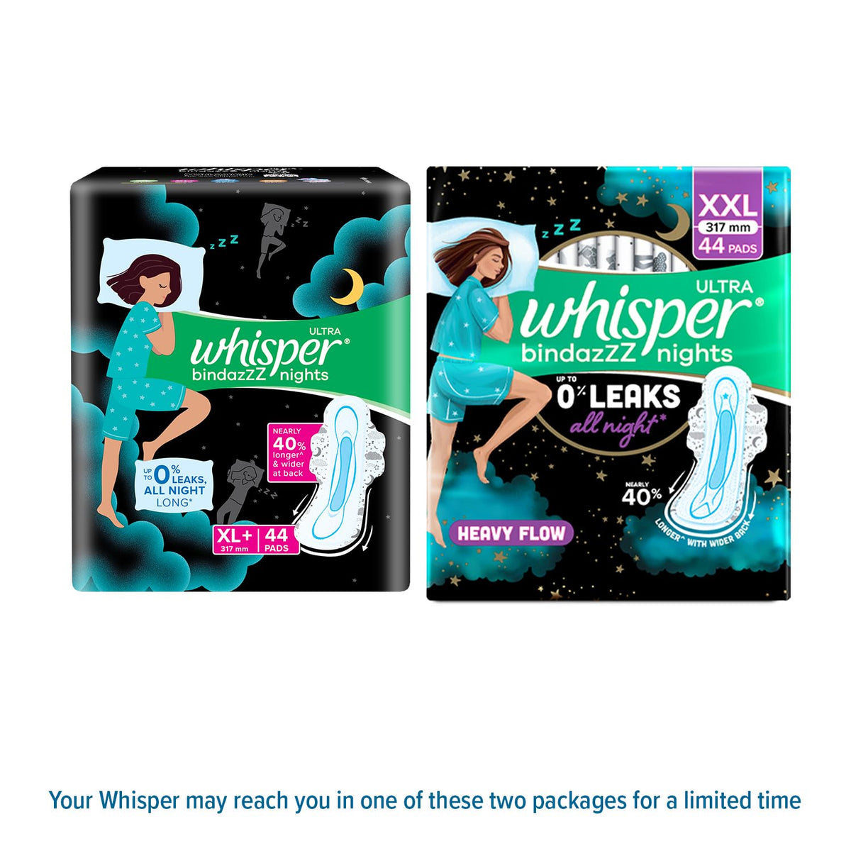Whisper Bindazzz Nights 44 XXL Sanitary Pads, Upto 0% Leaks All Night Long, For Heavy Flow, Nearly 40% Longer with Wider Back, Active odor lock so you feel fresh, Disposable Wrapper