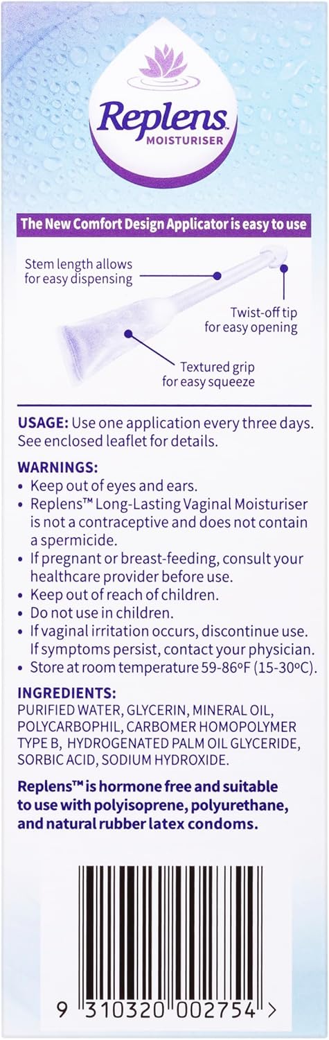 Replens Long Lasting Vaginal Moisturiser, 10 Pre-Filled Applicators, Up to 30 Day Supply - Soothing Relief from Dryness, Provides Additional Moisture and Comfort
