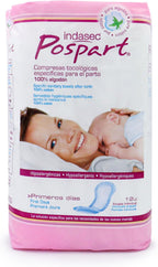 Indasec 100% Cotton Tocological Postpartum Pads - 12 Sanitary Towels - Hypoallergenic