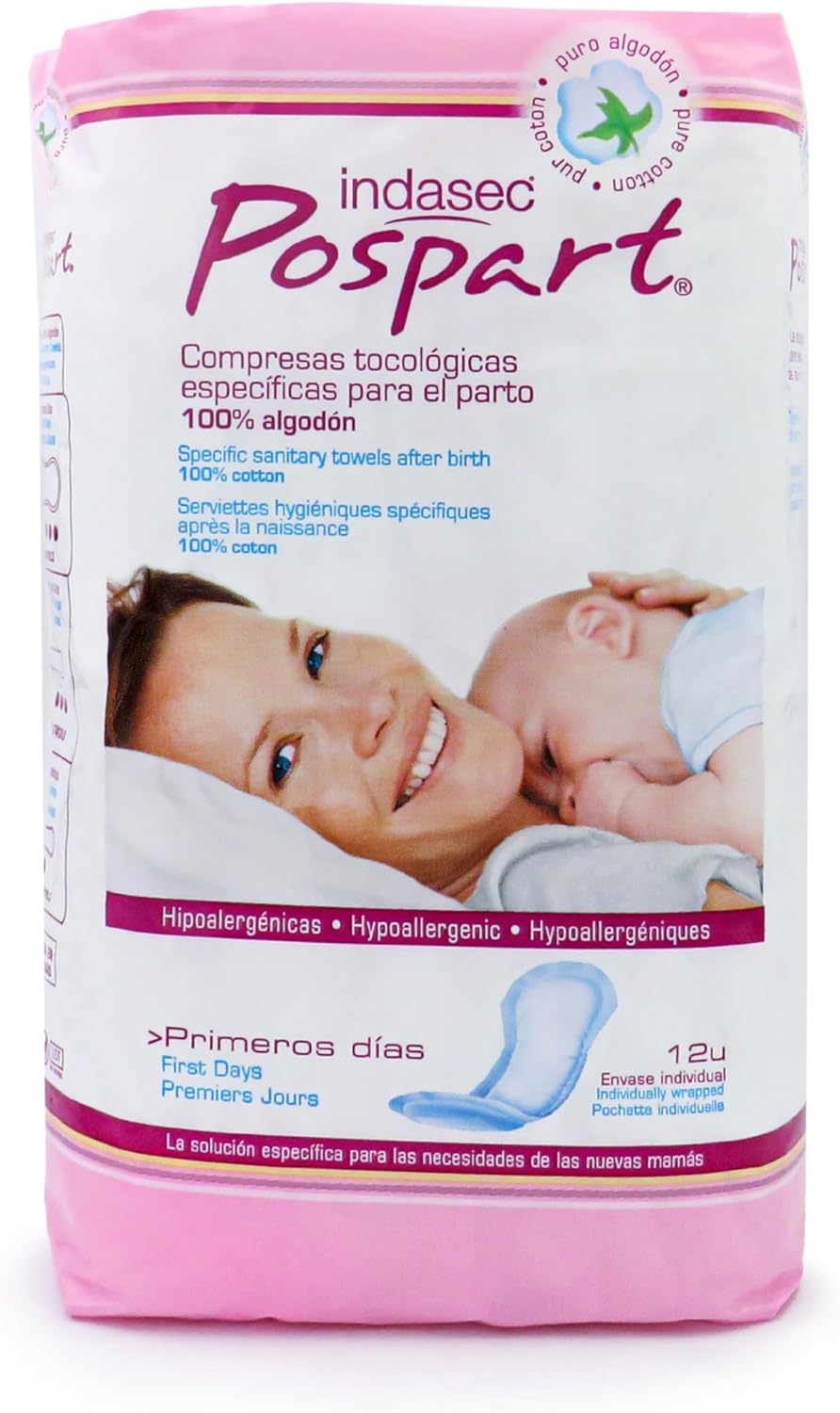 Indasec 100% Cotton Tocological Postpartum Pads - 12 Sanitary Towels - Hypoallergenic