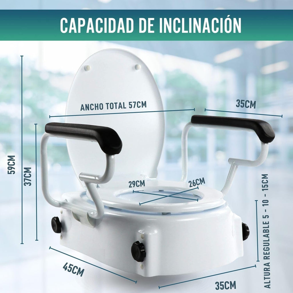 OrtoPrime Tilting WC Lift with Folding Armrests – Height Adjustable 5, 10 and 15 cm – Raised Toilet with Lid – Portable Toilet Lift