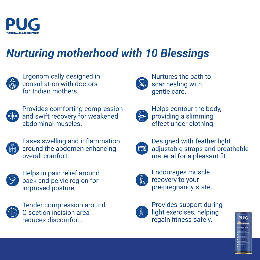 PUG Postpartum Belt, Universal size, Beige | Ergonomically designed for Indian Mothers | For C-Section and Natural Delivery | Eliminates post pregnancy pain, Muscle recovery to pre-pregnancy state