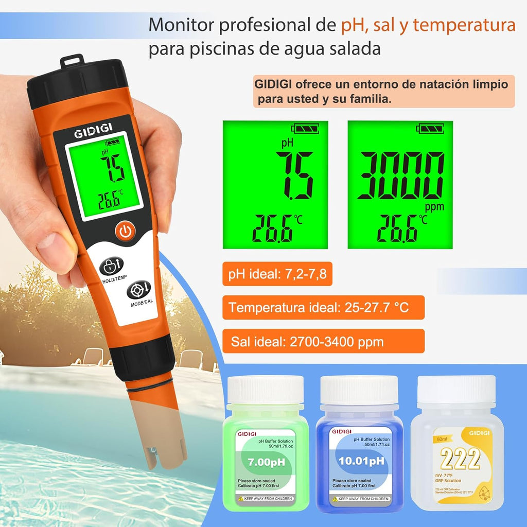 Chlorine, pH and Salinity Pools Meter, 7 in 1 pH FAC, Salt, ORP, EC, TDS and Temp with Calibration Solution, Chlorine Meter for Swimming Pools, Aquariums, Hydroponics and Drinking Water