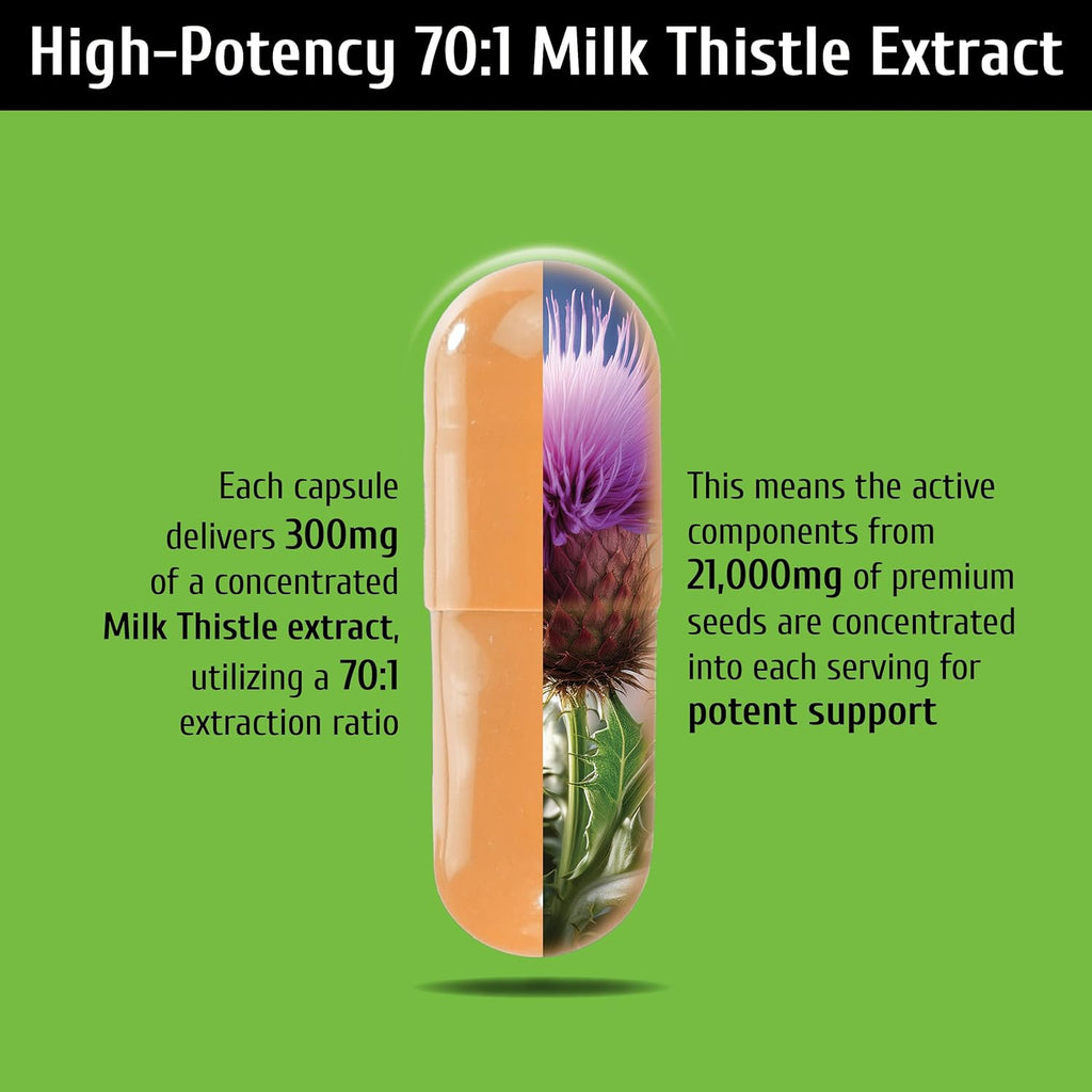 Liver Support, Milk Thistle 300mg (70:1 Extract from 21,000mg Seed), with Dandelion, 85% Silymarin, Artichoke & Frankincense, Once-Daily Capsule 200 Count