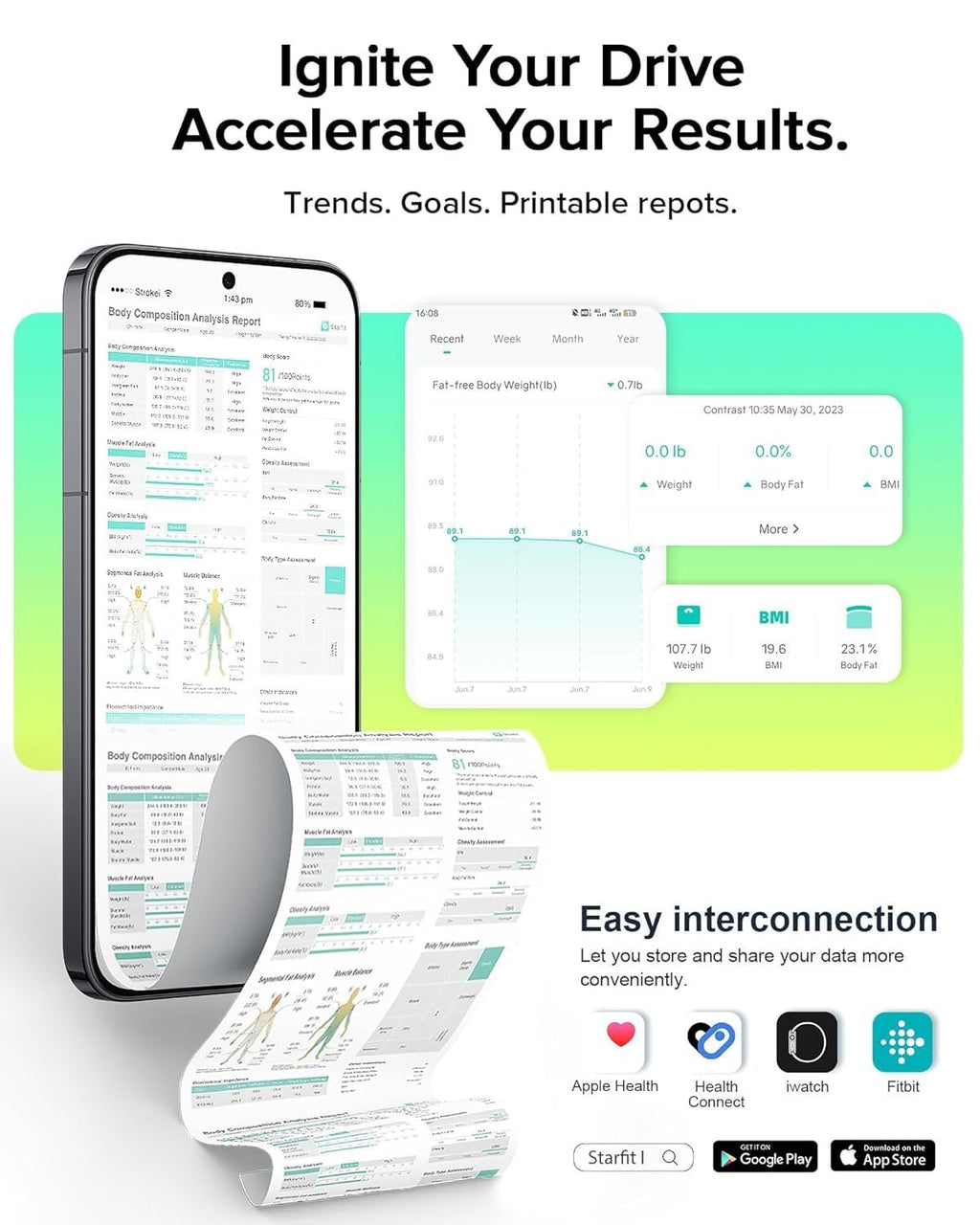 RunStar Smart Scale for Body Weight, Full-Body Bathroom Scale with 8 Electrodes for BMI, Muscle Mass, 3-Metric Display, High-Accuracy Body Composition Monitor with 28 Metrics & App Connectivity