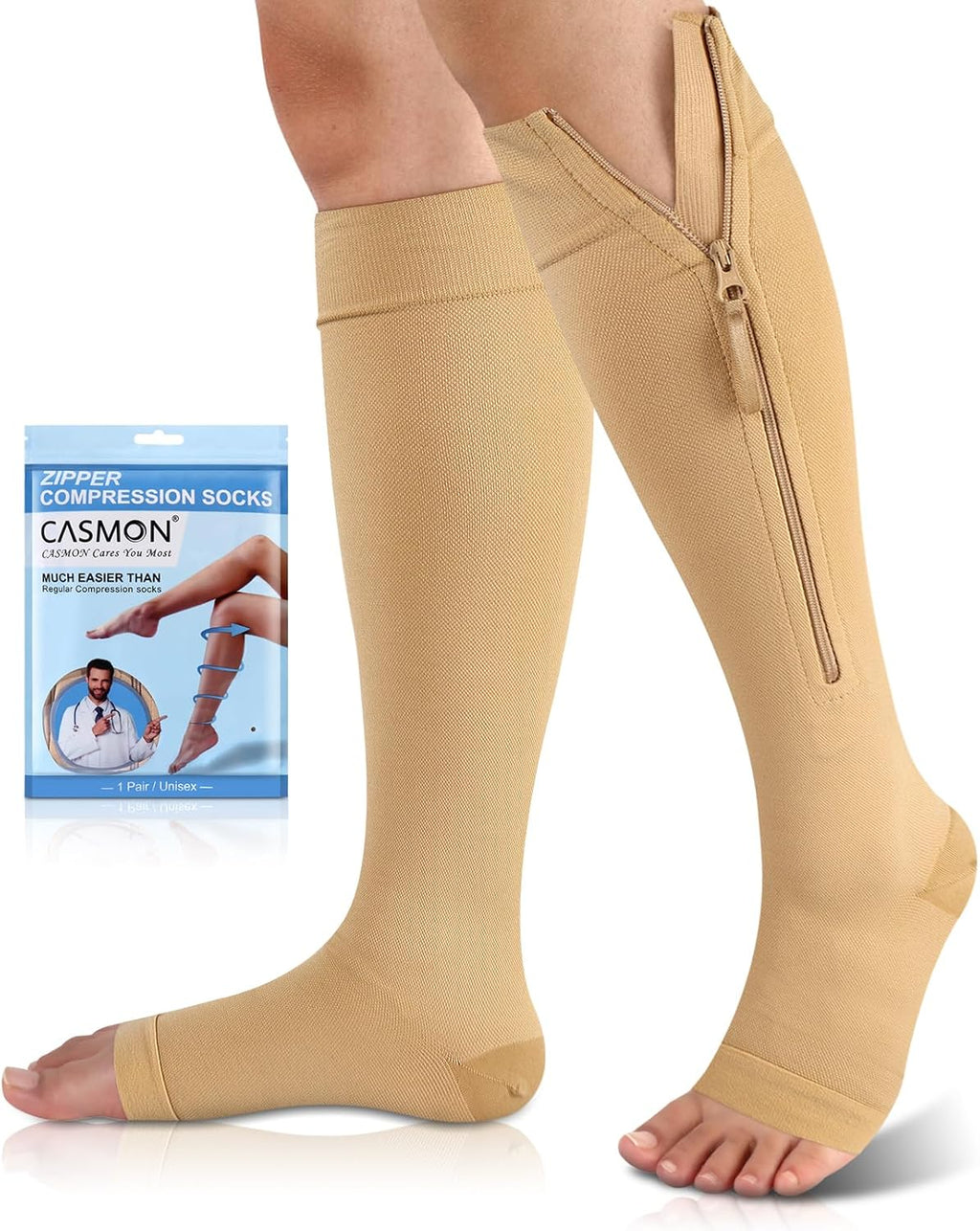 CASMON 15-20mmHg Zipper Compression Socks for Women and Men, Knee High Compression Stockings, Medical Open Toe Support Socks for Varicose Veins, Post-surgery, Swelling, Nurses, Pregnancy (1 Pair)
