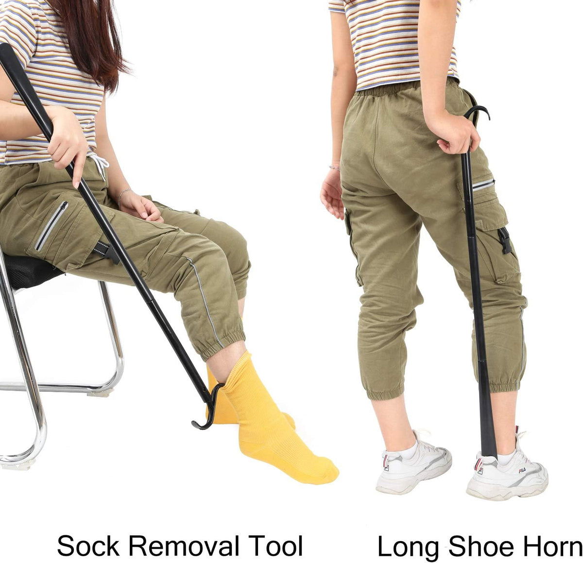 35" Long Dressing Stick with Shoe Horn with Sock Removal Tool, Adjustable Extended Dressing Aids for Shoes, Socks, Shirts and Pants