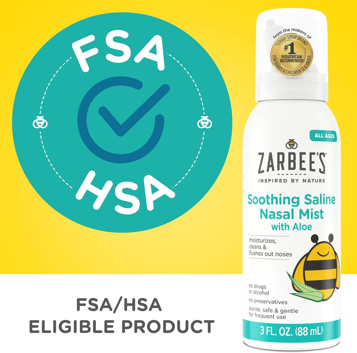 Zarbee's Soothing Saline Nasal Mist with Aloe, 3 fl oz | For Ages 0+ Months, Saline Spray, Clears Out & Moisturizes Noses, Loosens Mucus, Clears Nasal Passageways, Drug-Free