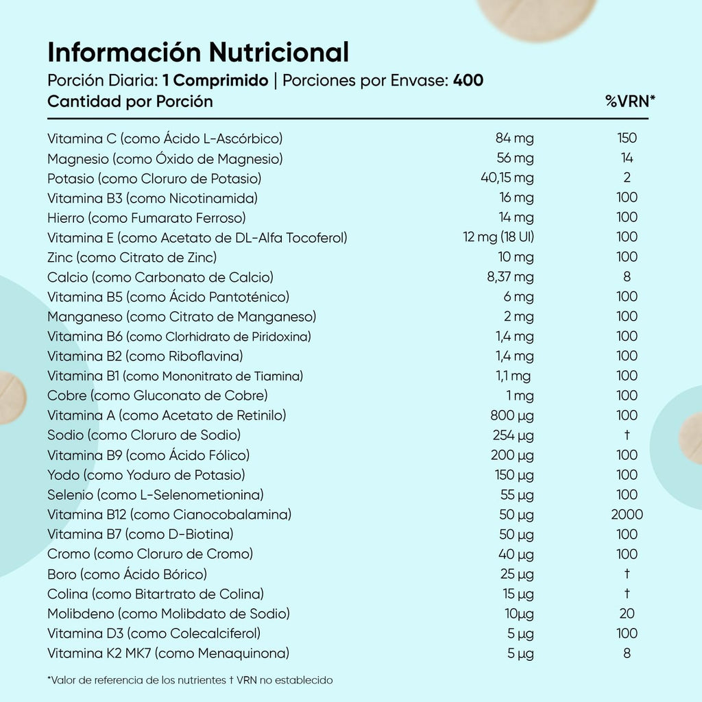 Multivitamins & Minerals, 400 Vegan Tablets, 27 Vitamins & Minerals - Vitamin C, Vitamin B, D, E, Magnesium, Zinc, Calcium, Iron & More, For +1 Year Old, Mint Flavor