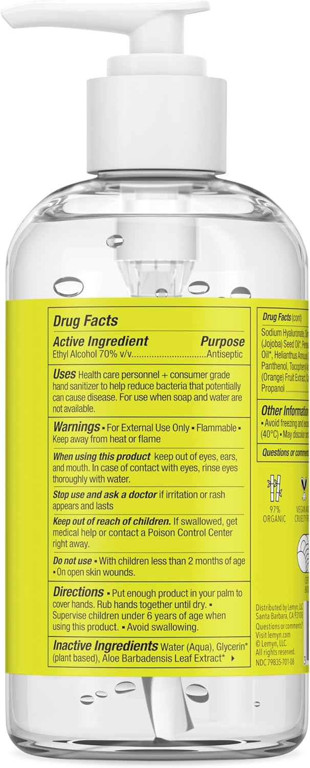 Lemyn Organics Orange Aloe Moisturizing Hand Sanitizer Gel 8oz Pump | Hand sanitizer pump, medical grade, moisturizing, orange scented gel, no drying, non-sticky, made fresh in USA