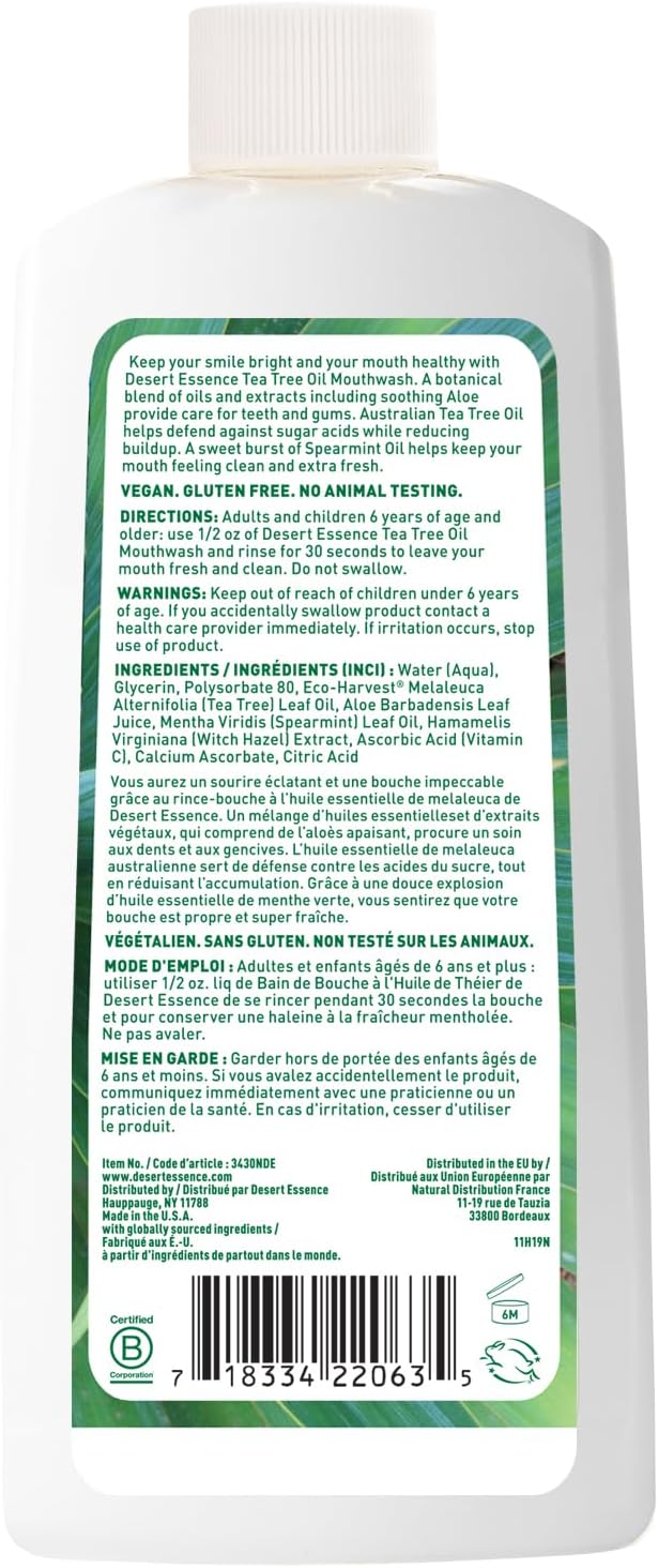 Desert Essence Tea Tree Oil Alcohol-Free Mouthwash, Spearmint, 8oz | Botanical oral rinse with tea tree oil and aloe helps freshen breath and care for teeth and gums