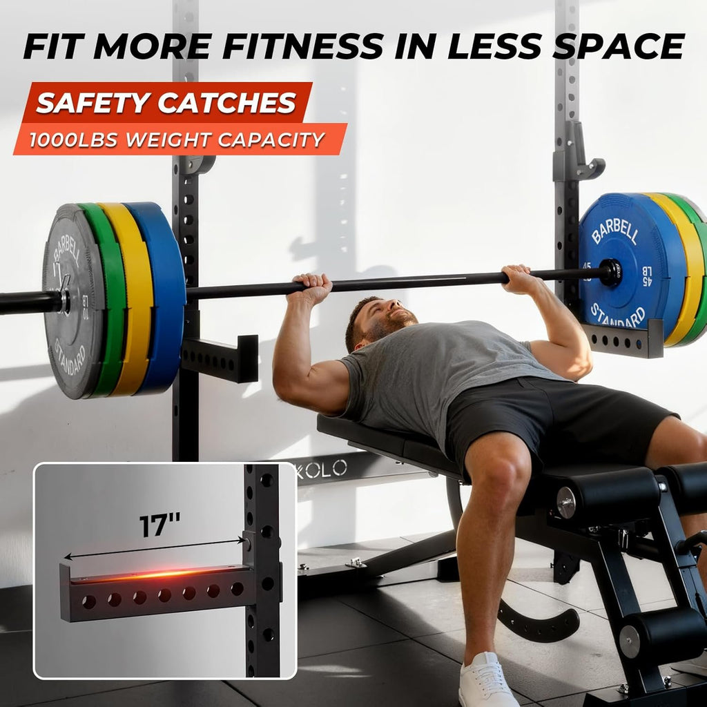 Mikolo 2" x 2" Folding Wall Mounted Squat Rack, 1000 Pounds Capacity Power Rack with Pull Up Bar, J Hooks and Other Attachments, Space-Saving Home Gym