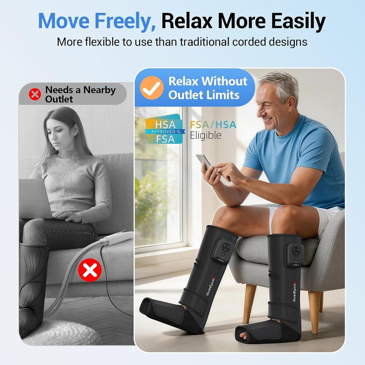 Comfytemp Air Compression Leg Massager for Circulation and Pain Relief FSA | Cordless & Rechargeable, Recovery for Varicose Veins, RLS, Foot and Calf Compression Boots, HSA Eligible (Fit Calf 13"~19")