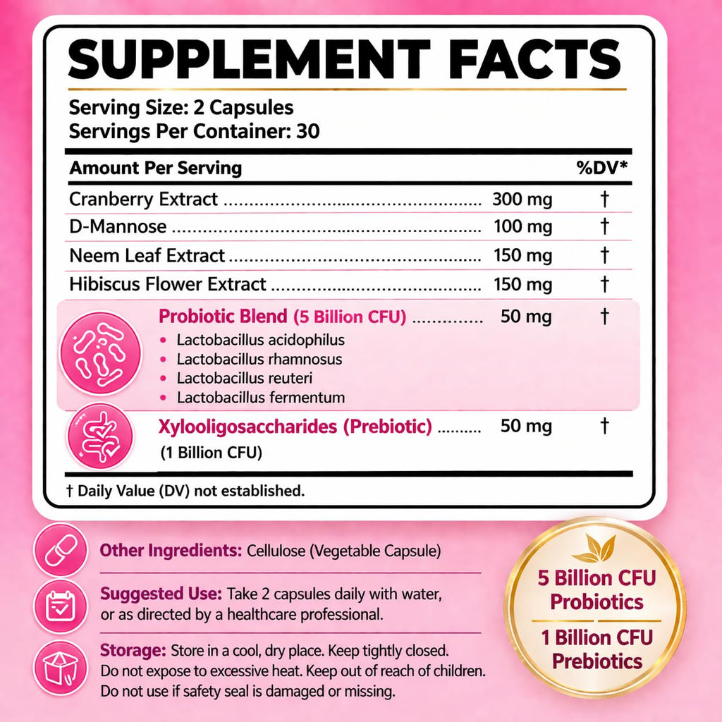 Flora Vaginal Probiotics For Women UTI infections - Intimate discomfort - Vaginal Odor - Vaginal Flora- vaginal health - With Prebiotics Lactobacillus Cranberry Neem & Hibiscus Extracts 60 Capsules
