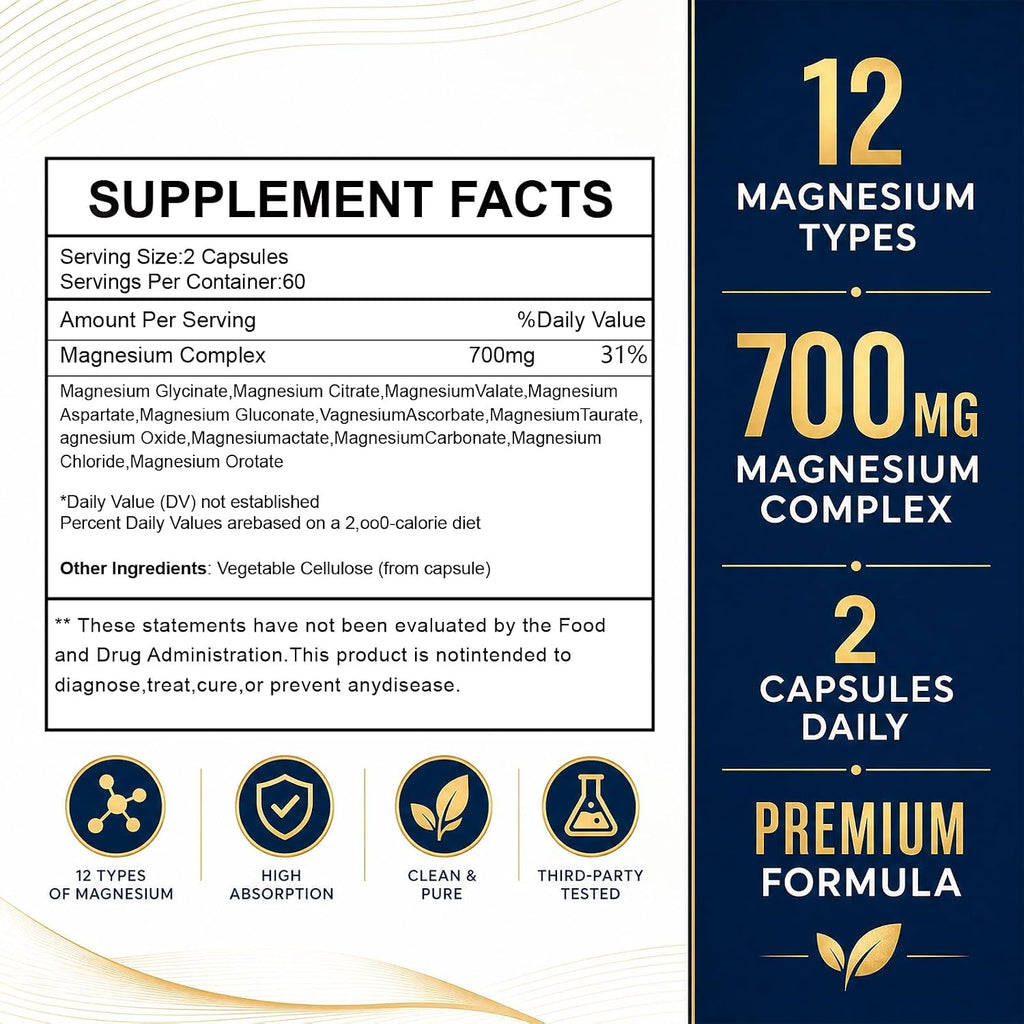 Magnesium Complex 700mg | 12-in-1 High Absorption Supplement | Glycinate, Citrate, Malate, Taurate & More | Sleep Support, Muscle Cramp Relief, Stress, Heart & Nerve Health | 120 Vegan Capsules