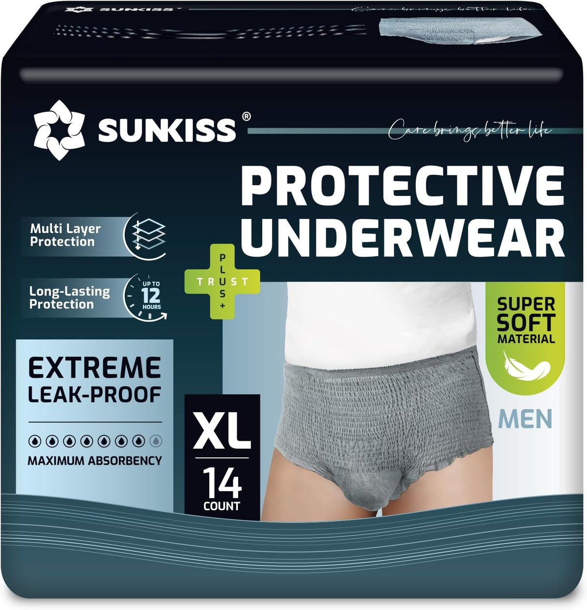SUNKISS Incontinence Underwear for Men,Daytime Disposable Adult Pull Ups,Mens Protective Briefs with Maximum Absorbency, XLarge, Grey, 14 Count