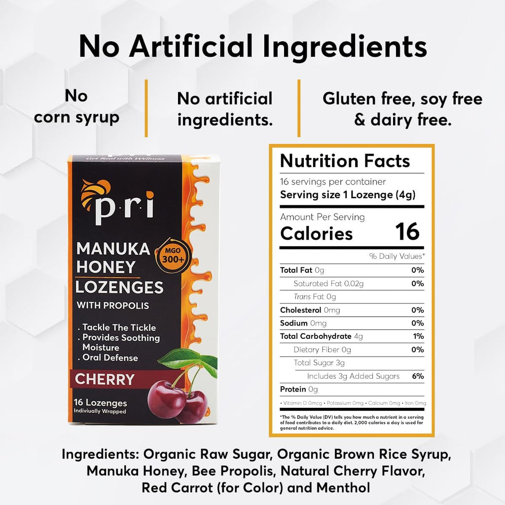 P.R.I Manuka Honey Lozenges with Propolis, Cherry Cough Drops | Natural Throat Drops, MGO 300+ Certified (16 Count, 2 Pack)