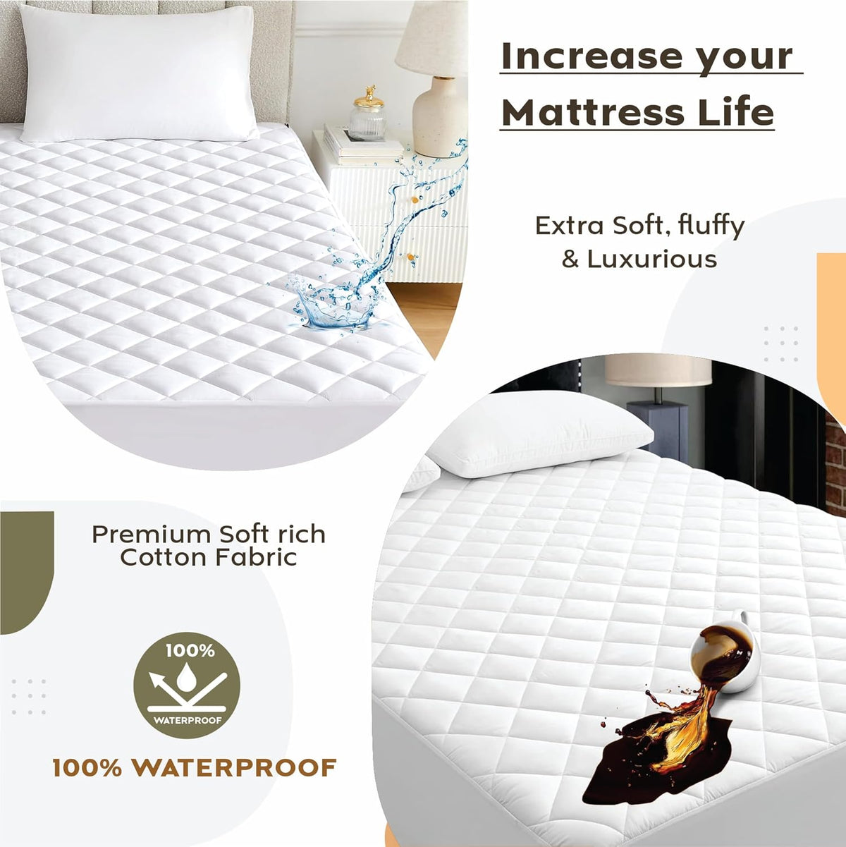 Ayka 100% Waterproof Cotton Quilted Mattress Protector King Size Breathable Hypoallergenic Noiseless Ultra Soft Fitted Bed Protector 78x72 inch Mattress/Bed Cover (King 78x72 inch | 6.5x6 ft, White)