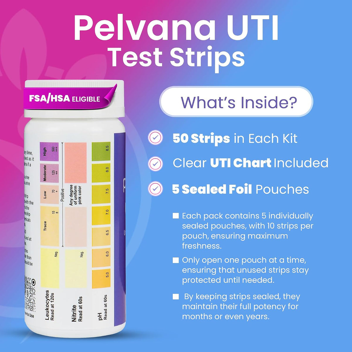Pelvana Urinary Tract Infection (UTI) Test Strips (50) Kit for Women & Men | Accurate 3-Parameter Urinary Tract Testing Kit for Leukocytes, Nitrite, and pH, Advanced and Easy at-Home UTI Testing