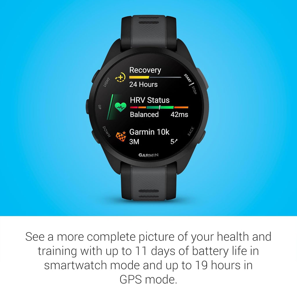 Garmin Forerunner® 165, Running Smartwatch, 43mm, Black | Essential Training & Recovery Features, Built-In GPS for Distance, Pace & Speed, Garmin Coach, Daily Suggested Workouts