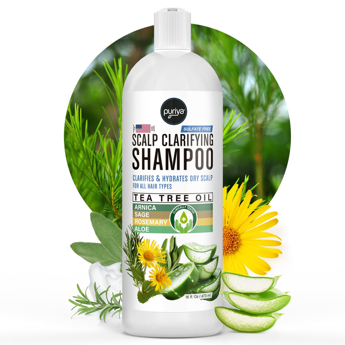 Puriya Tea Tree Clarifying Shampoo. Plant Rich Dry Itchy Scalp Relief, for Kids, Adults, Sulfate Free, No Harsh Chemicals Seen in Dandruff Treatment, Seborrheic Dermatitis, Psoriasis Shampoo, 16 oz