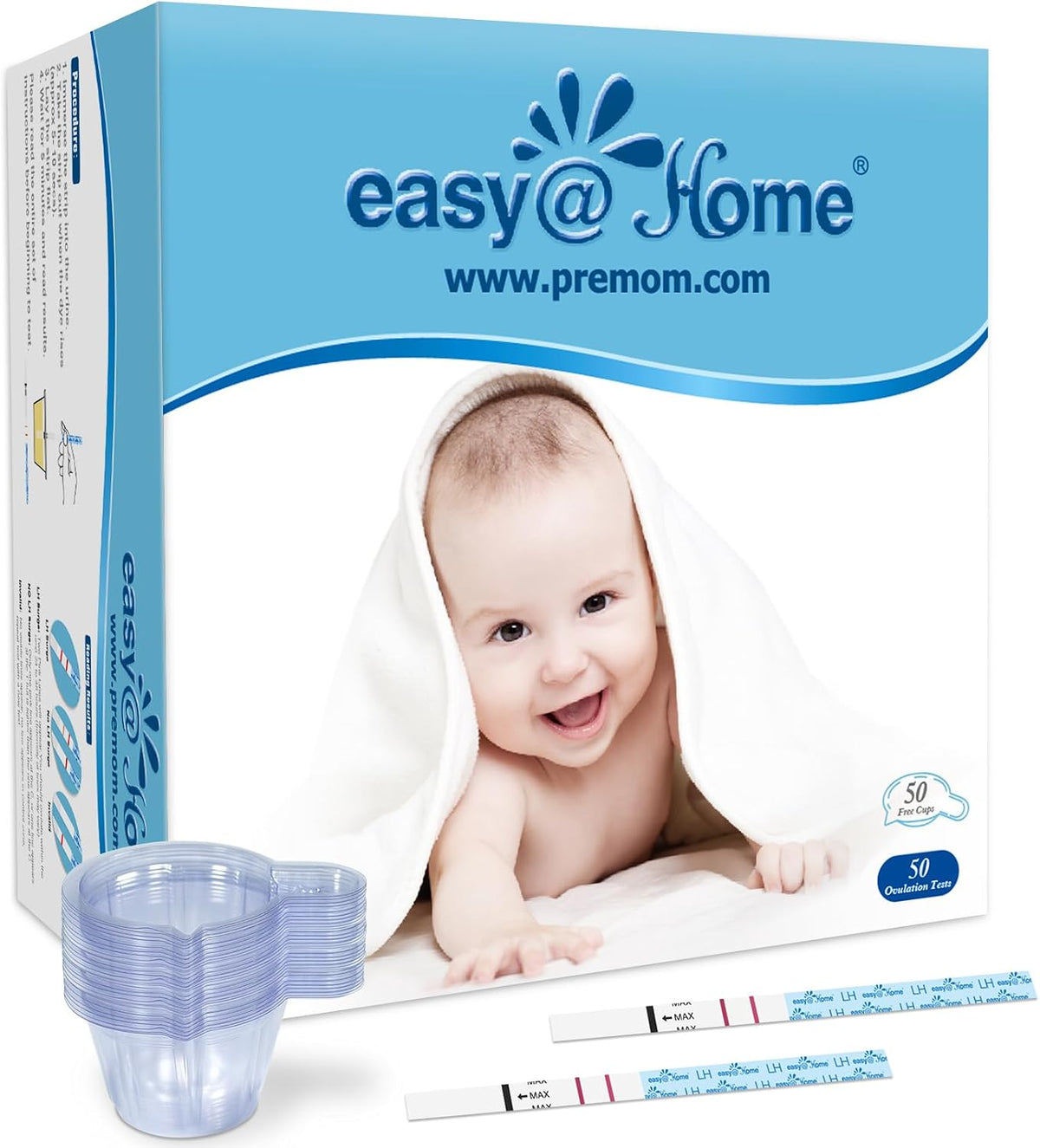Easy@Home Ovulation Predictor Kit, 50 LH Test Strips with 50 Urine Cups | Fertility Test Strips for Women (Width of 5mm), Designed for At-Home LH Monitoring, Daily Cycle Tracking