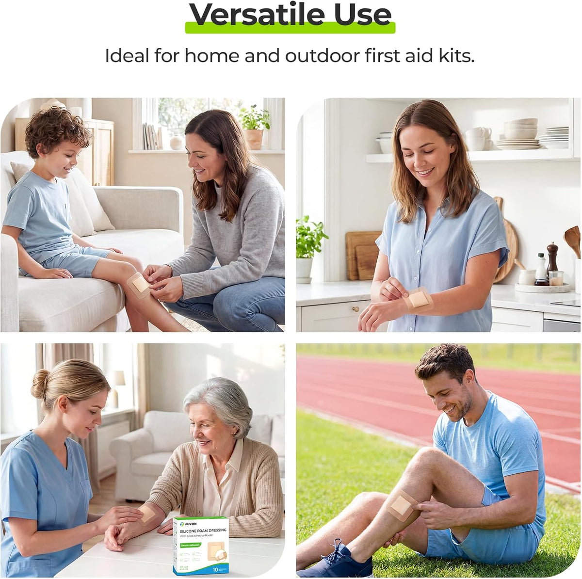 AUVON Silicone Foam Dressing with Large Adhesive Border, 3" x 3" 10 Packs Wound Dressing Bandage with High Absorbency, Waterproof Silicone Foam Pads for Wound Care & Protection Plus Cushioning