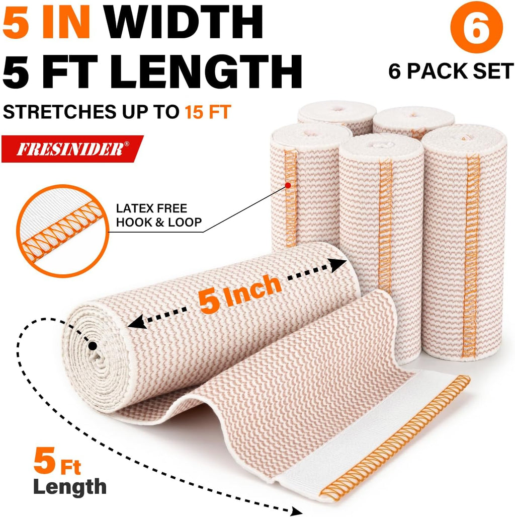 FRESINIDER Premium Elastic Bandage Wrap 5 Inch, 6 Pack, Hook and Loop | Wide 5-Inch Cotton Compression Wrap for Knee, Shoulder and Thigh; Firm Support for Sprains, Swelling and Sports Recovery.