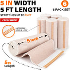 FRESINIDER Premium Elastic Bandage Wrap 5 Inch, 6 Pack, Hook and Loop | Wide 5-Inch Cotton Compression Wrap for Knee, Shoulder and Thigh; Firm Support for Sprains, Swelling and Sports Recovery.