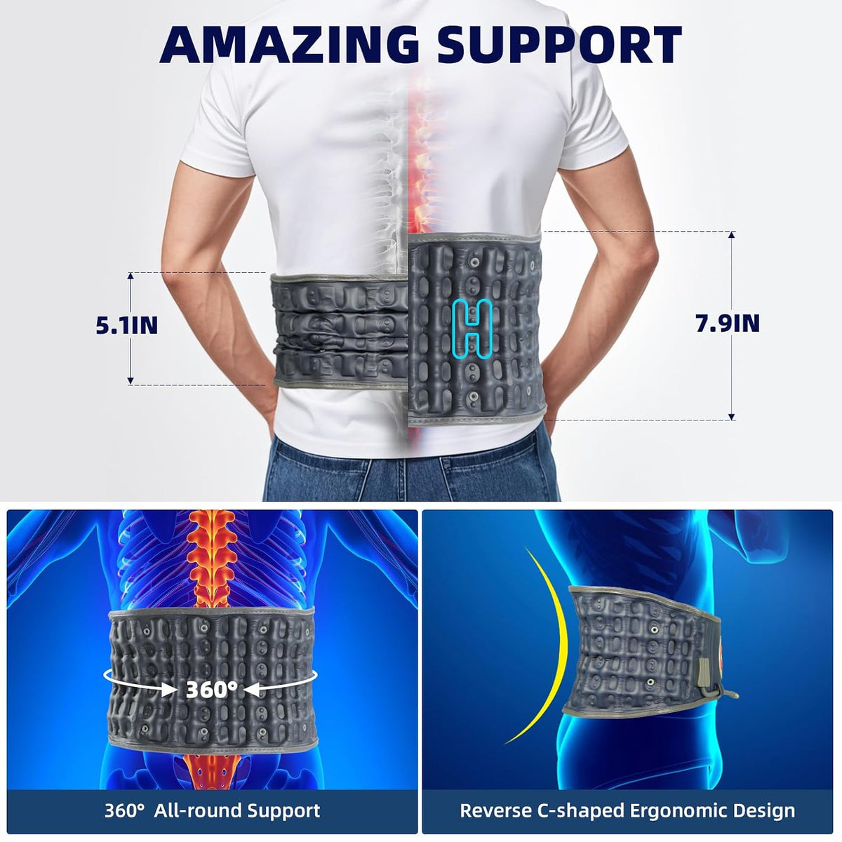 Decompression Belt with Elec. Pump, Inflatable Back Brace, Blue | Inflatable lumbar traction belt for spinal decompression, Relieves back pain & sciatica, Fits 29"-49" waist, Restores curve
