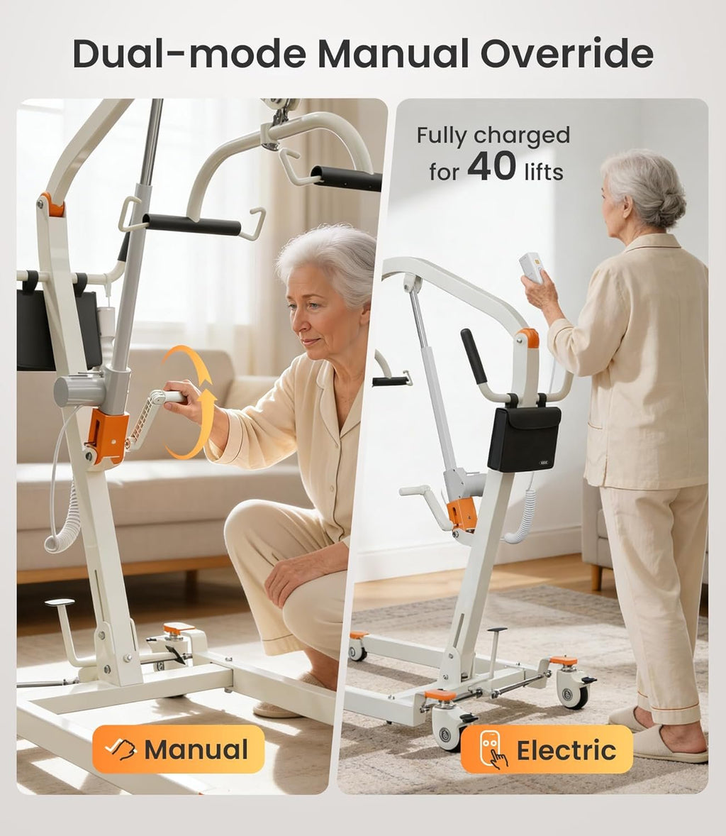 VOCIC Electric Patient Lift for Home, Floor-to-Bed Transfer Aid Lift Chair for Elderly, Foldable Patient Lift with Wireless Lithium Handset, Manual Emergency, 330lbs Capacity, Includes Sling, AY05