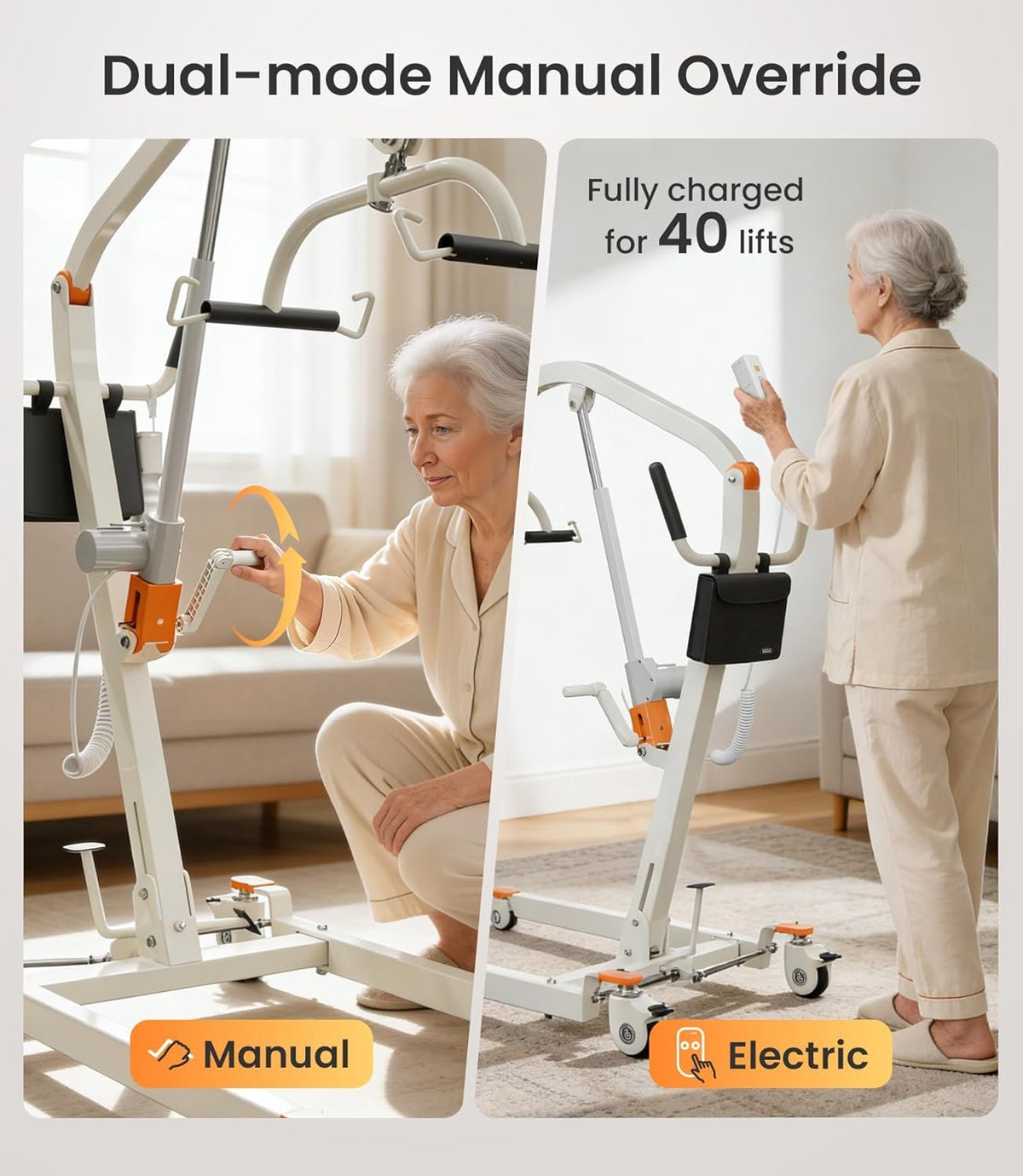 VOCIC Electric Patient Lift for Home, Floor-to-Bed Transfer Aid Lift Chair for Elderly, Foldable Patient Lift with Wireless Lithium Handset, Manual Emergency, 330lbs Capacity, Includes Sling, AY05