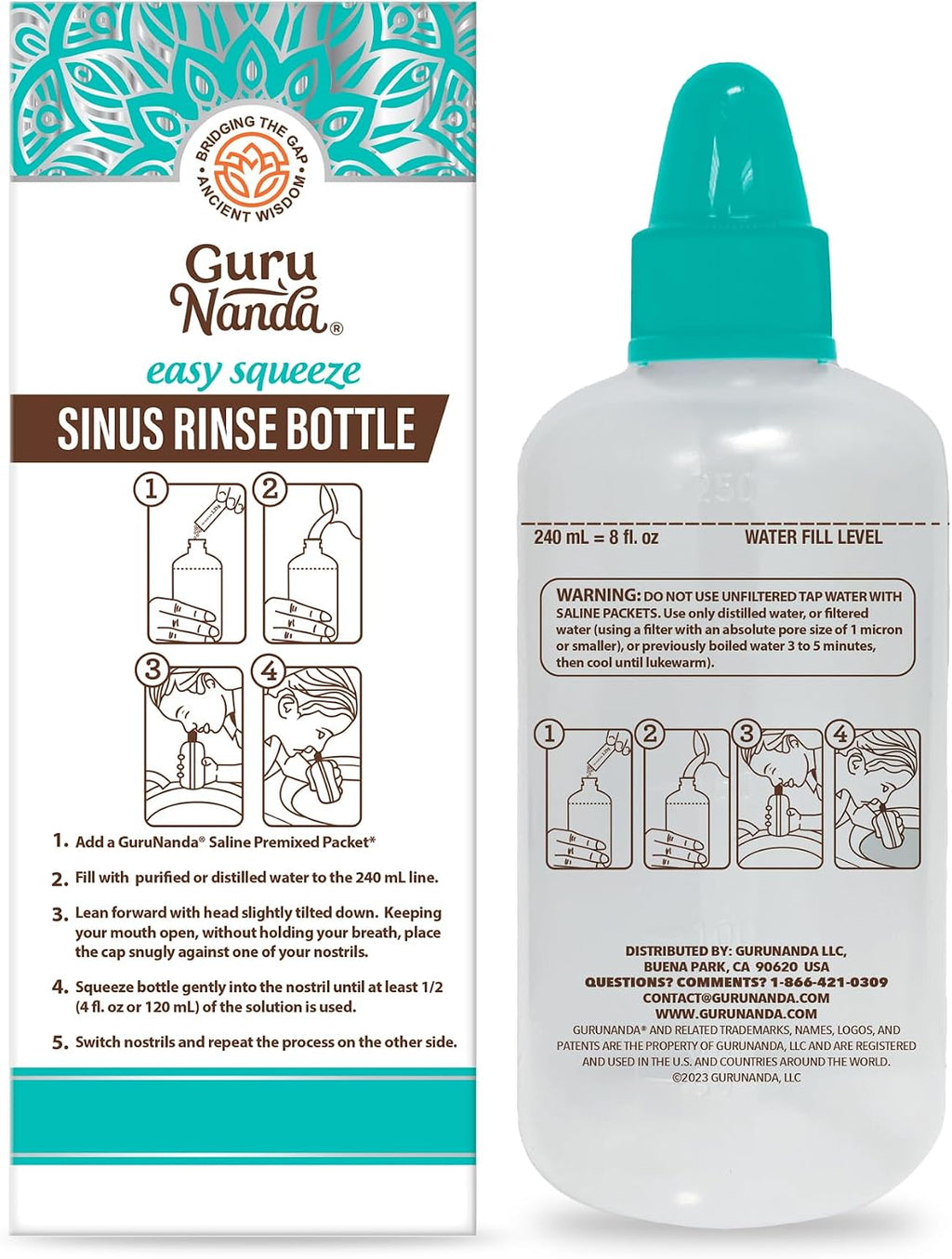 GuruNanda Sinus Rinse Bottle - Comfort Tip for Natural Nasal Irrigator Relief for Adults & Kids - 240ml Capacity