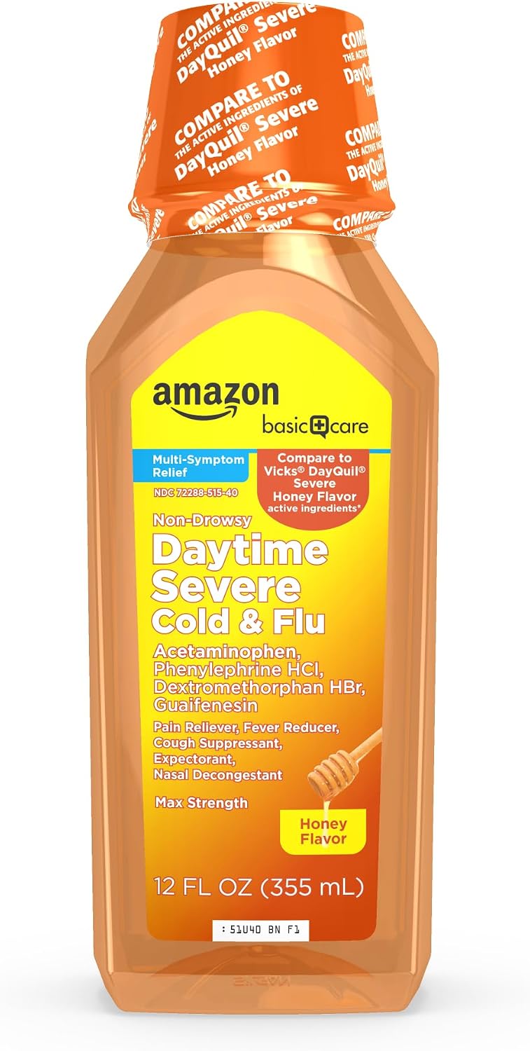 Amazon Basic Care Maximum Strength Daytime Honey Flavor Severe Cold and Flu Relief, Multi-Symptom, Non-Drowsy, Cough, Sore Throat, Nasal Congestion, Liquid Medicine, 12 fl oz (Pack of 1)