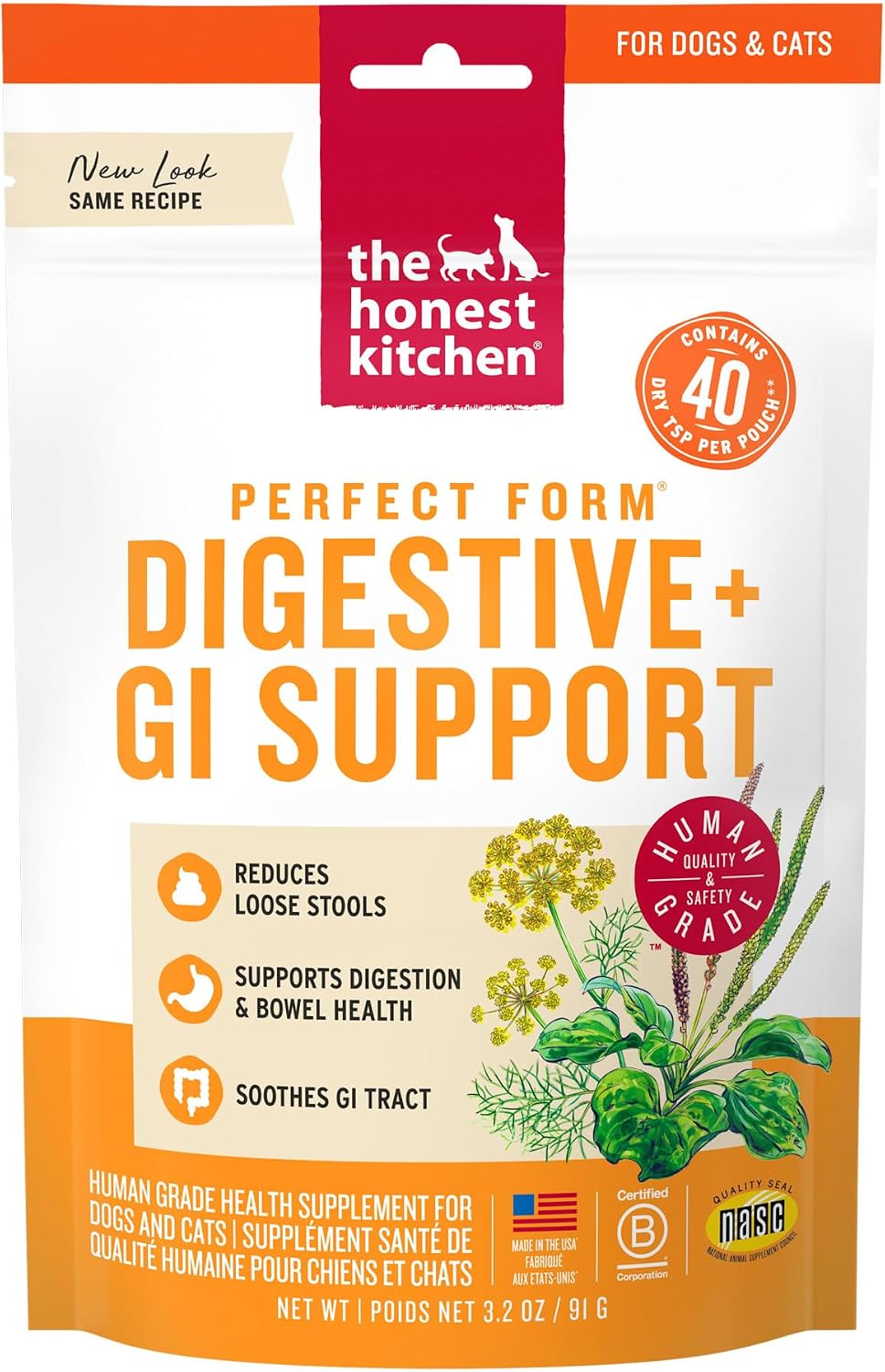 The Honest Kitchen Perfect Form Herbal Digestive Supplement for Dogs & Cats, Human Grade Gut Health Support Powder with Pumpkin, Slippery Elm & Papaya Leaf, Gut & Stool Support, 3.2 oz Pouch