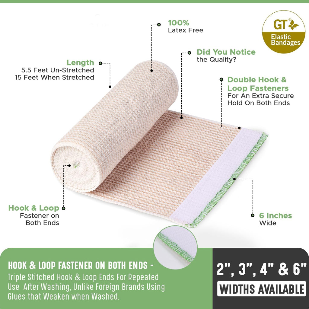 Premium Elastic Bandage Wrap (6" 4 Pack) - Hook & Loop Fasteners at Both Ends - Latex Free Hypoallergenic Compression Roll - Reusable Bandages for Waist, Legs, Elbow & Knee Wrap