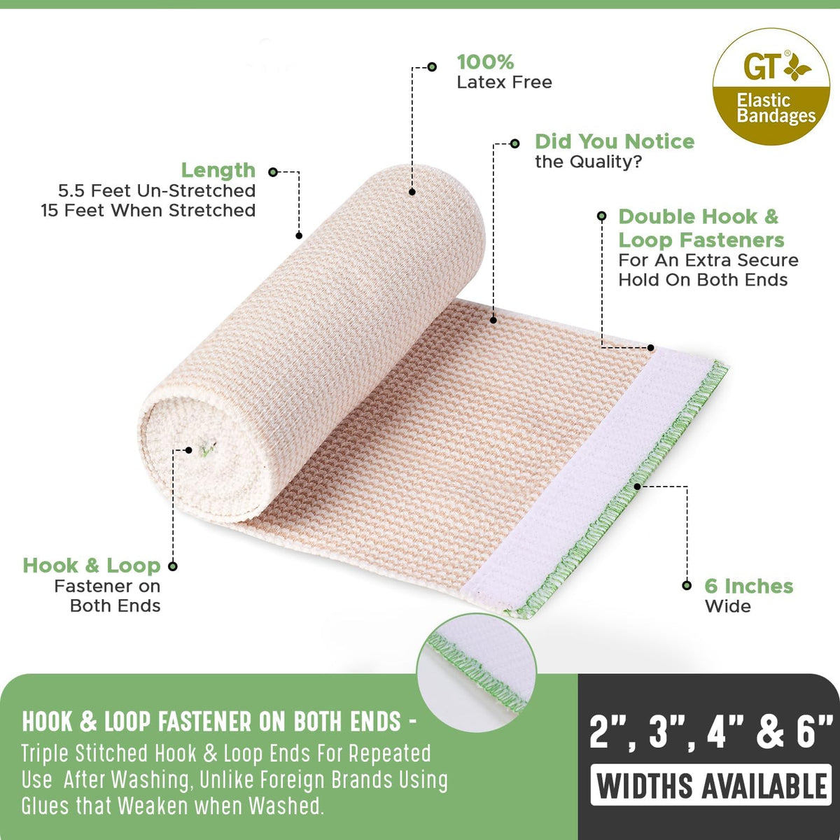 Premium Elastic Bandage Wrap (6" 4 Pack) - Hook & Loop Fasteners at Both Ends - Latex Free Hypoallergenic Compression Roll - Reusable Bandages for Waist, Legs, Elbow & Knee Wrap