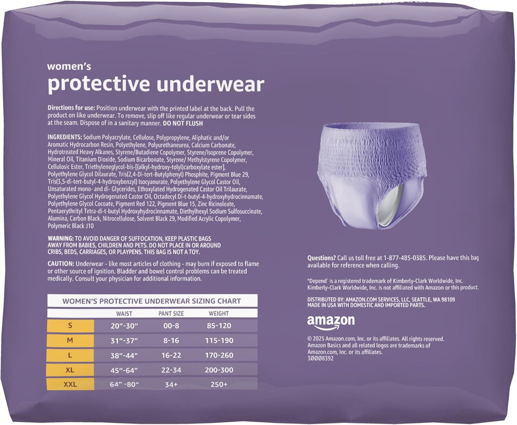 Amazon Basics Postpartum Incontinence Underwear for Women, Maximum Absorbency with Bladder Leak Protection, Fresh Protection, Disposable, Large, Lavender, 18 Count