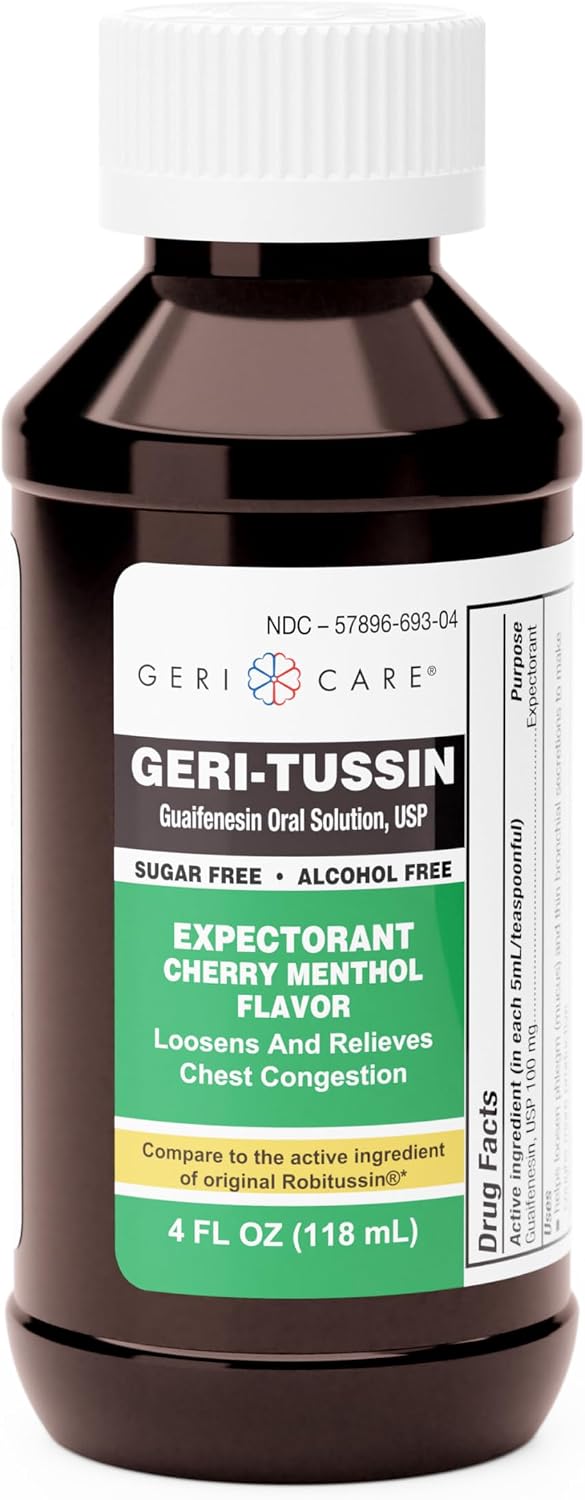 Geri-Tussin Cold and Cough Relief Guaifenesin Syrup by GeriCare| Sugar-Free Guaifenesin Liquid Expectorant| Cough Syrup & Chest Decongestant| Cherry Menthol Flavor Guaifenesin Oral Solution| 4 Fl Oz