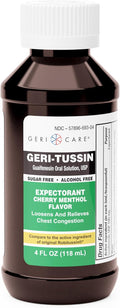 Geri-Tussin Cold and Cough Relief Guaifenesin Syrup by GeriCare| Sugar-Free Guaifenesin Liquid Expectorant| Cough Syrup & Chest Decongestant| Cherry Menthol Flavor Guaifenesin Oral Solution| 4 Fl Oz