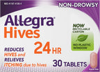 Allegra Adult Hives Antihistamine, Non-Drowsy, 24-Hour Tablets, 30-Count | Non-drowsy relief of itch due to hives medicine, 180 mg fexofenadine HCI pill, reduces hives when there are flare-ups