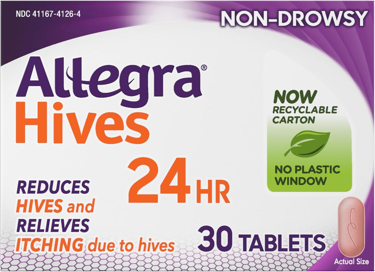 Allegra Adult Hives Antihistamine, Non-Drowsy, 24-Hour Tablets, 30-Count | Non-drowsy relief of itch due to hives medicine, 180 mg fexofenadine HCI pill, reduces hives when there are flare-ups
