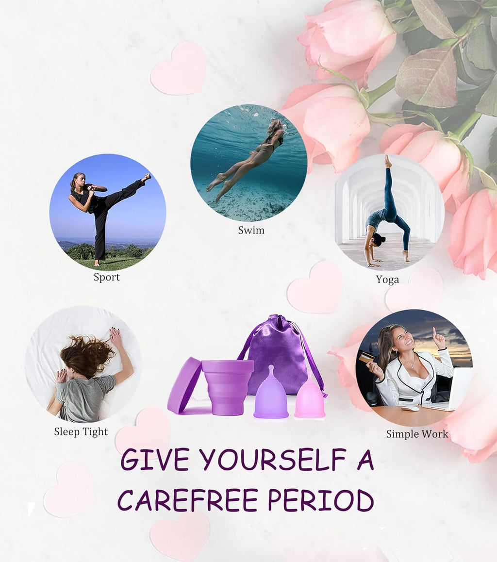 Menstrual Cups with Collapsible Storage Cup, Leak-Proof Design with Medical Grade Silicone Period Cups Reusable, Tampon and Pad Alternative,for Light Flow and Heavy Flow Large+Small