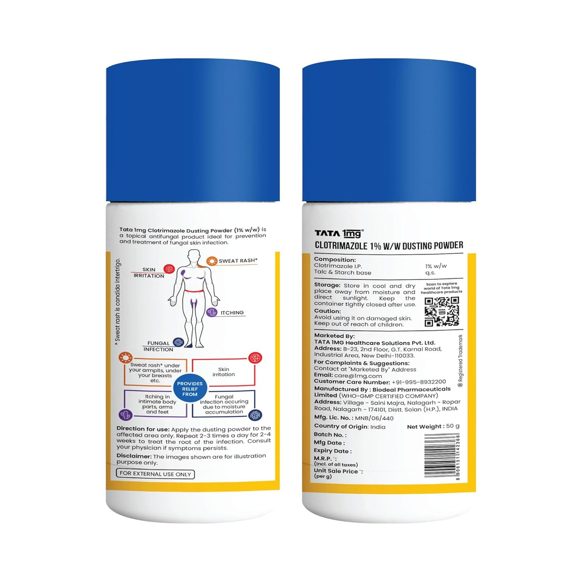 TATA 1MG Clotrimazole Dusting Powder for Sweat Rash, Itching, Skin Irritation, Chafing & Redness - 1 * 50gms