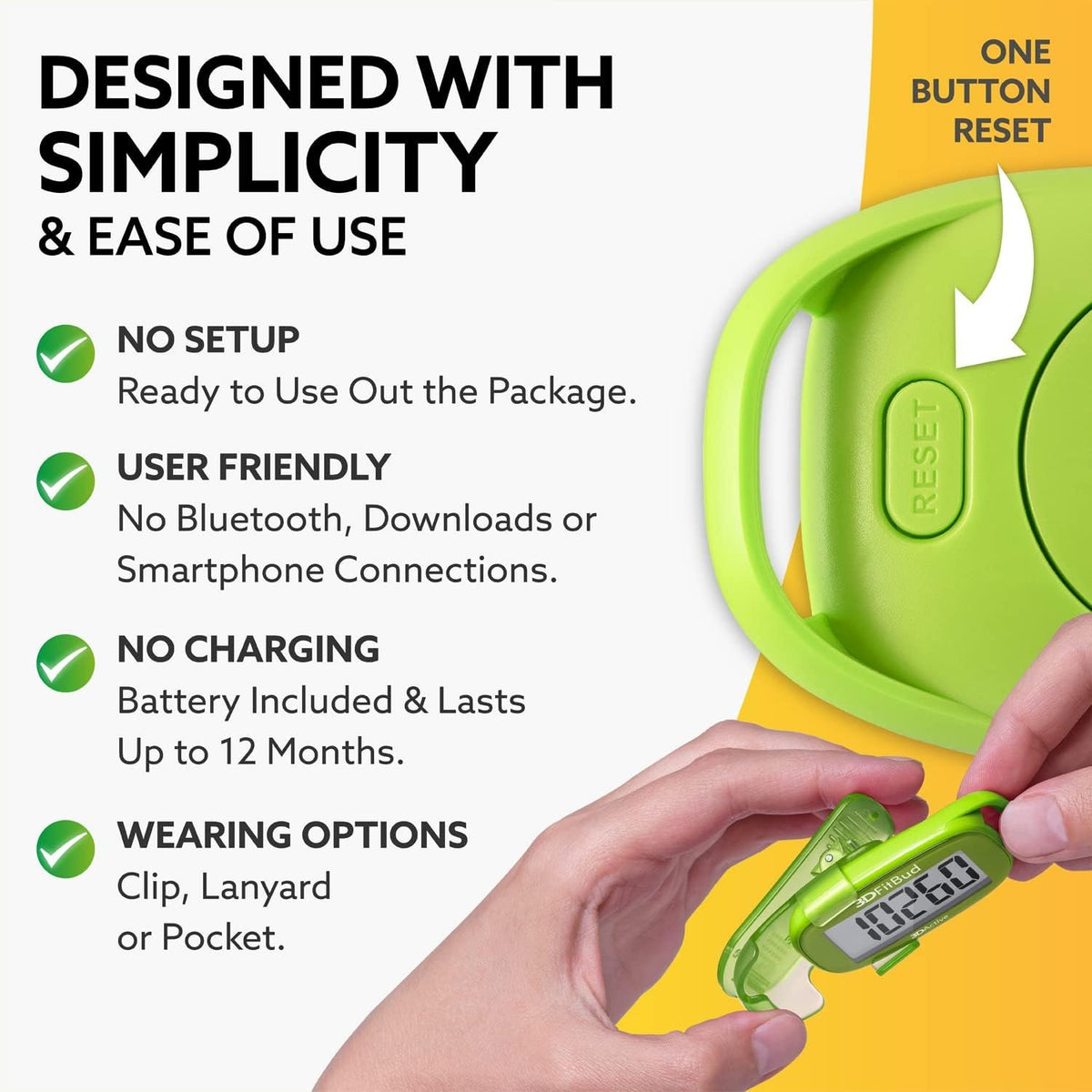 3DFitBud Simple Step Counter Walking 3D Pedometer by 3DActive with Clip, Lanyard Accurate Step Tracker Large Display, Easy to Use for Kids Men Women Adult Seniors Daily Step Tracking - A420S