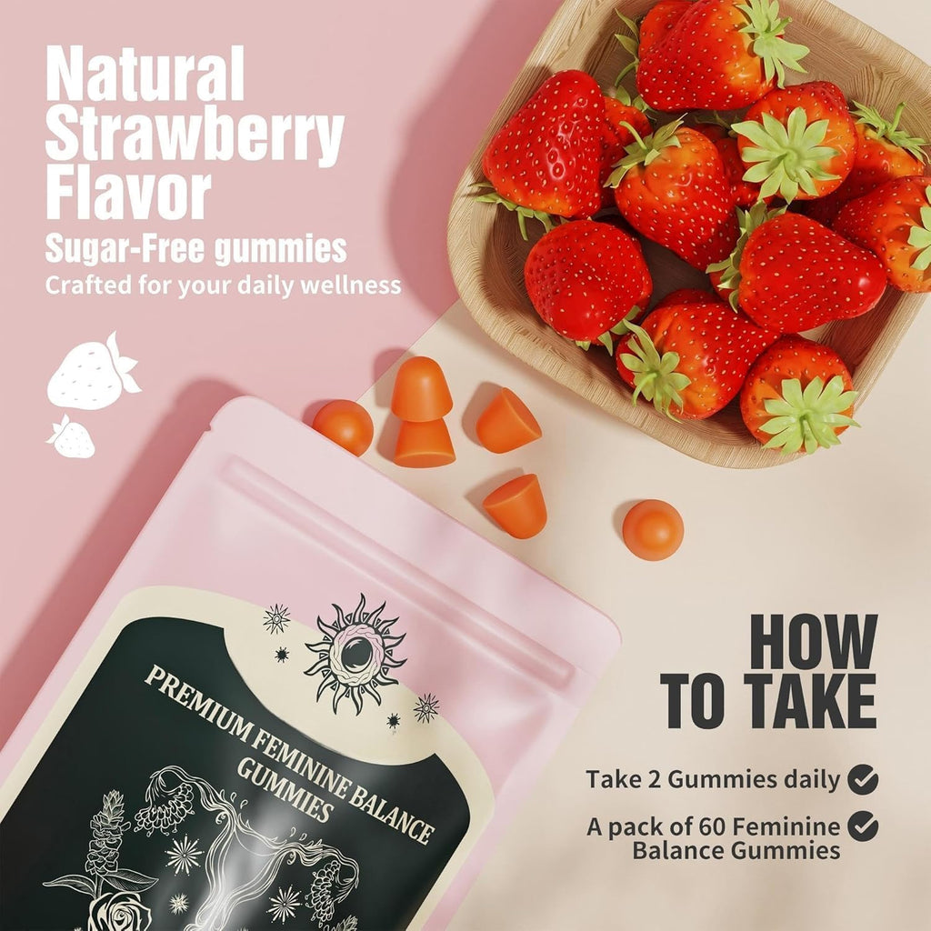 Feminine Balance Gummies, Premium Balance Supplement for Women PH Health, Immune Support, Energy Support, Vegan, Gluten-Free, Strawberry Flavor, Delicious 60 Gummies, 1 Pack 30 Servings