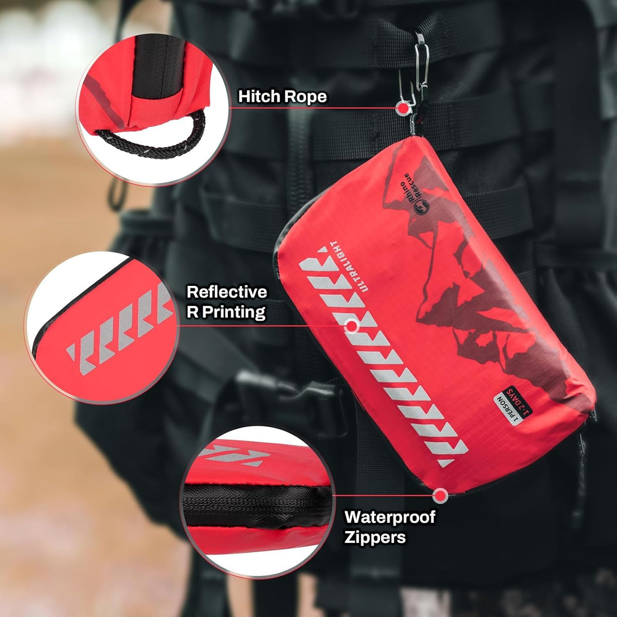 RHINO RESCUE Small Ultralight First Aid Kit, Water-Resistent Medical Kit | Emergency Kit for Hiking, Backpacking, Cycling, Travel, Climbing, Personal Kit for Carry on or Small EDC Sling bag