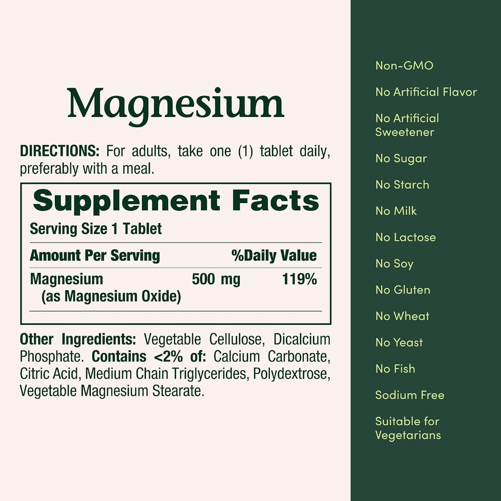 Nature's Bounty Magnesium 500 mg Tablets, High Potency Magnesium Supplement for Bone & Muscle Health, Whole Body Support, 200 Count (Pack of 1)