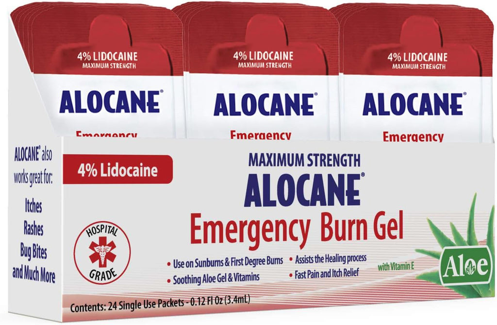 ALOCANE® Emergency Burn Gel Maximum Strength 4% Lidocaine Individual Use Packets,Commercial Grade, for Restaurants, Manufacturing, Other Heat Related Work environments, for Commercial Use Only, 24 Ct